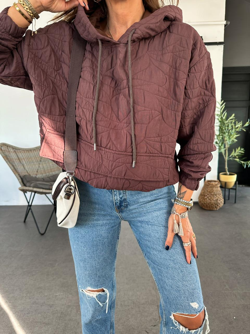 Kahve Kapitone Kapşonlu Sweatshirt
