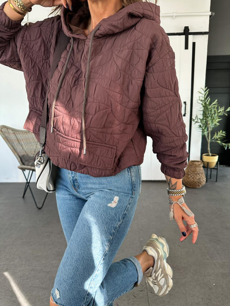 Kahve Kapitone Kapşonlu Sweatshirt