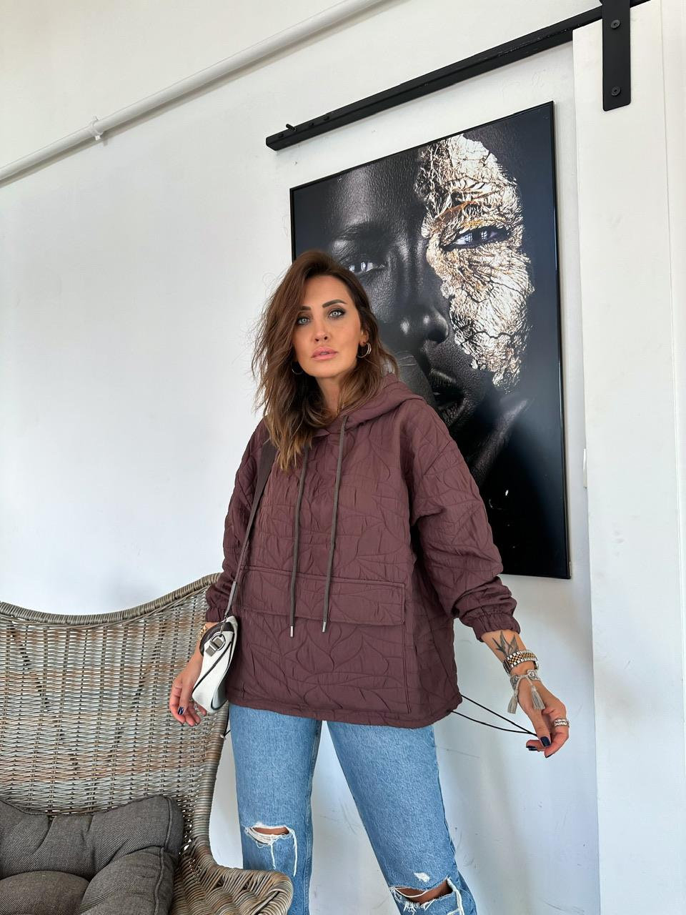 Kahve Kapitone Kapşonlu Sweatshirt
