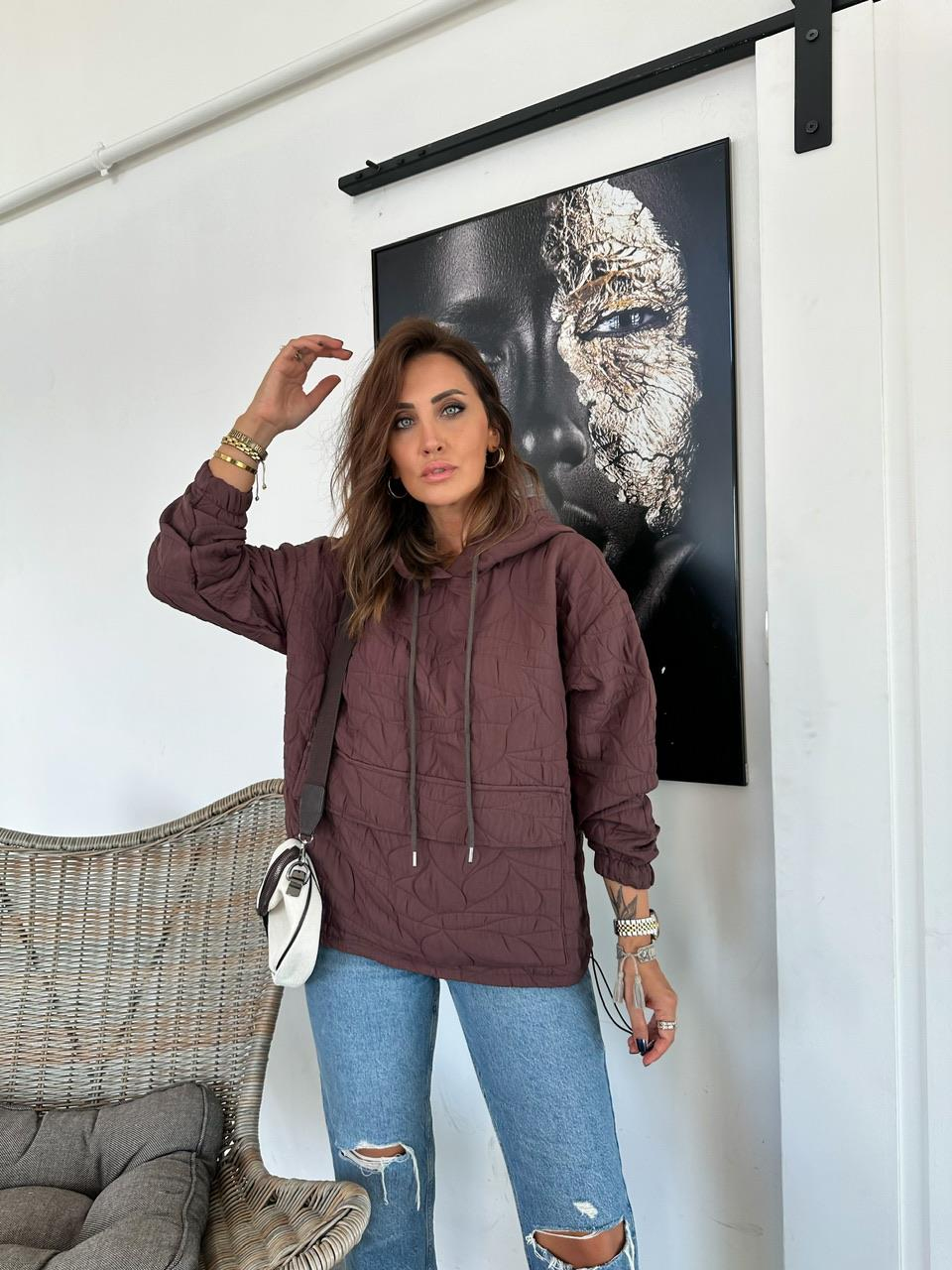 Kahve Kapitone Kapşonlu Sweatshirt