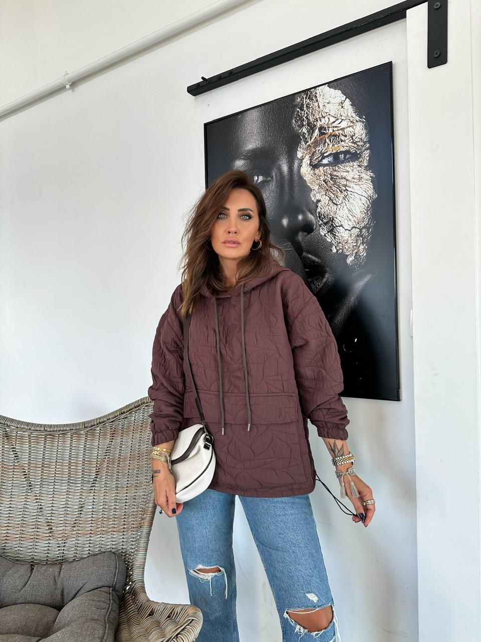 Kahve Kapitone Kapşonlu Sweatshirt