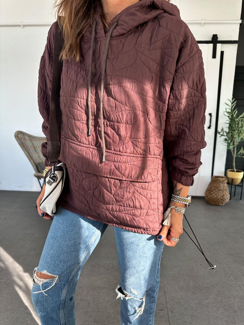 Kahve Kapitone Kapşonlu Sweatshirt
