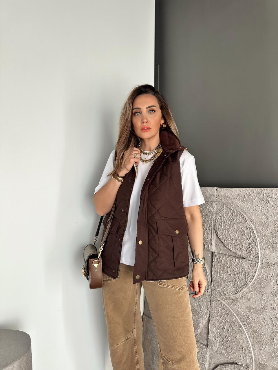 Kahve Kapitone Safari Yelek