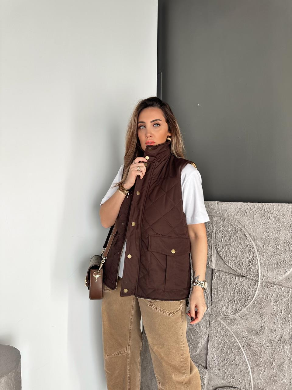 Kahve Kapitone Safari Yelek