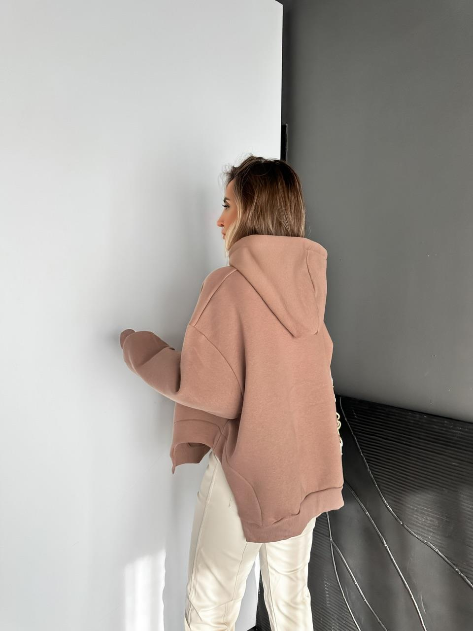 Kahve Kapşonlu Yanları Yırtmaçlı Sweatshirt