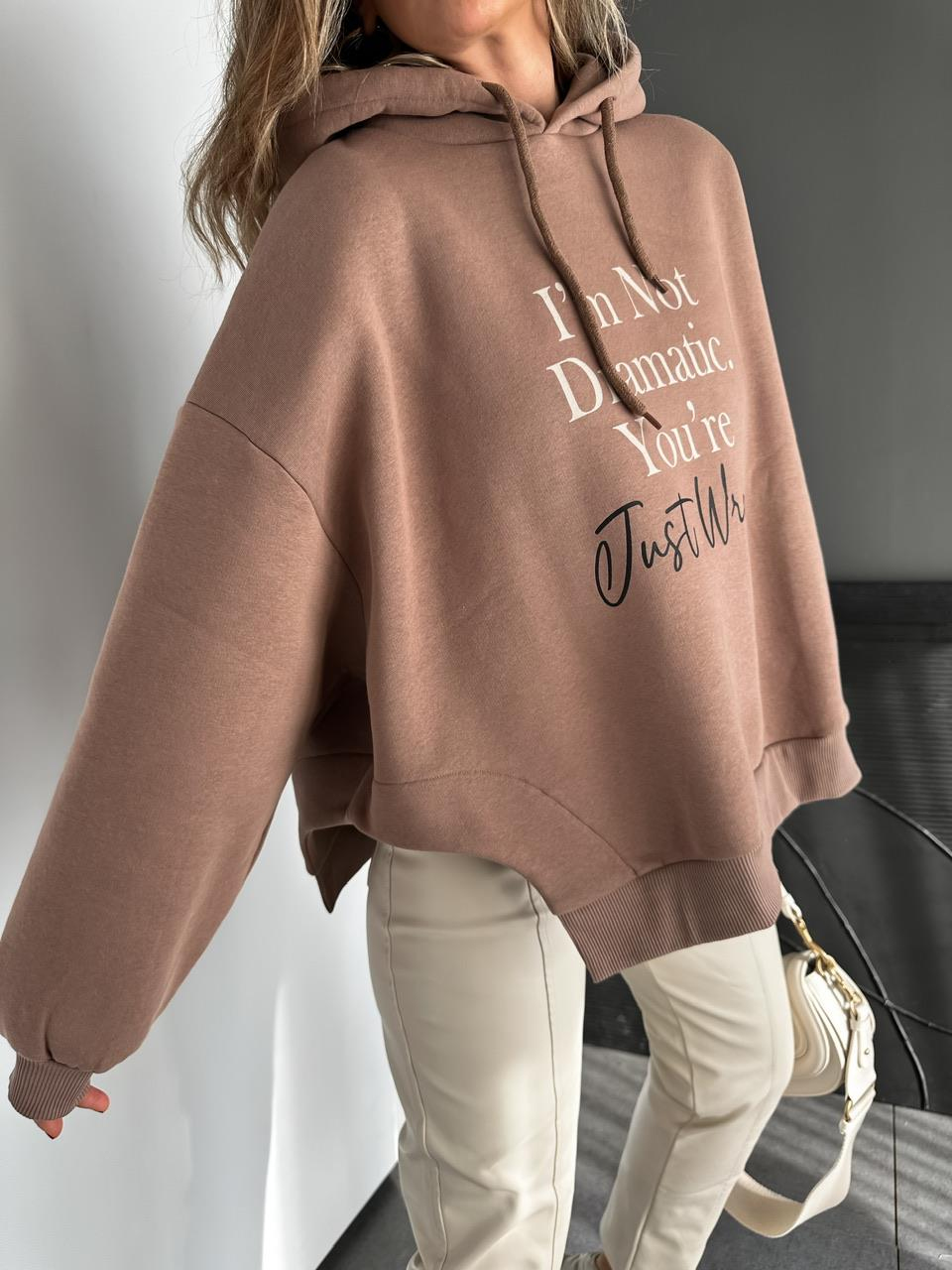 Kahve Kapşonlu Yanları Yırtmaçlı Sweatshirt
