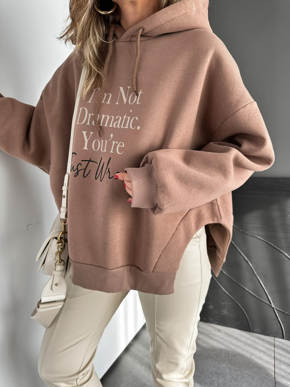 Kahve Kapşonlu Yanları Yırtmaçlı Sweatshirt