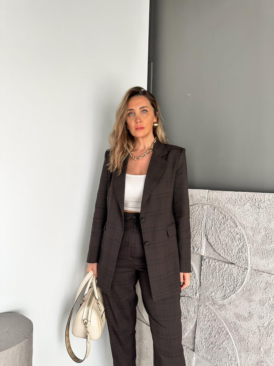 Kahve Kareli Ceket Pantolon Takım