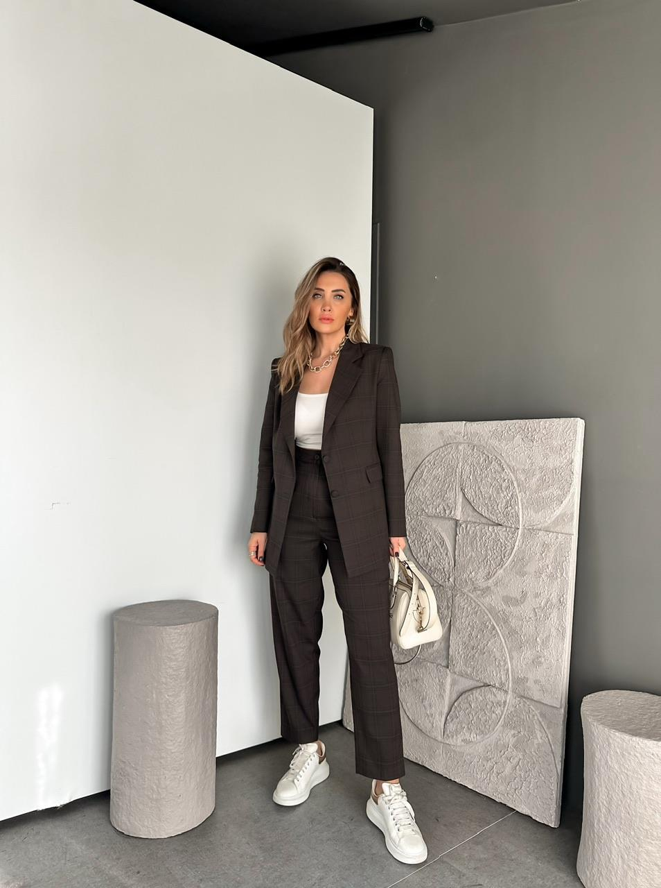 Kahve Kareli Ceket Pantolon Takım
