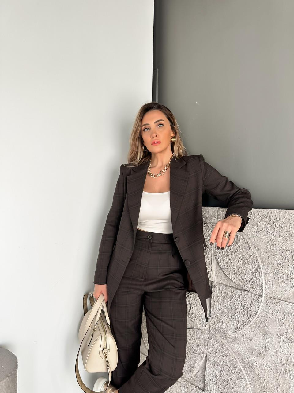 Kahve Kareli Ceket Pantolon Takım