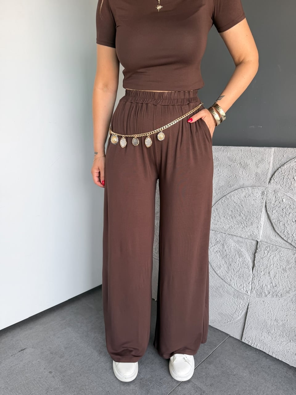 Kahve Kayık Yaka Likralı Basic Takım