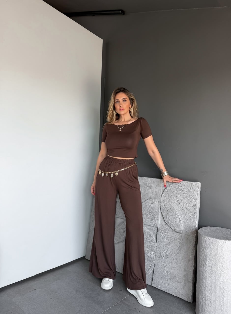 Kahve Kayık Yaka Likralı Basic Takım