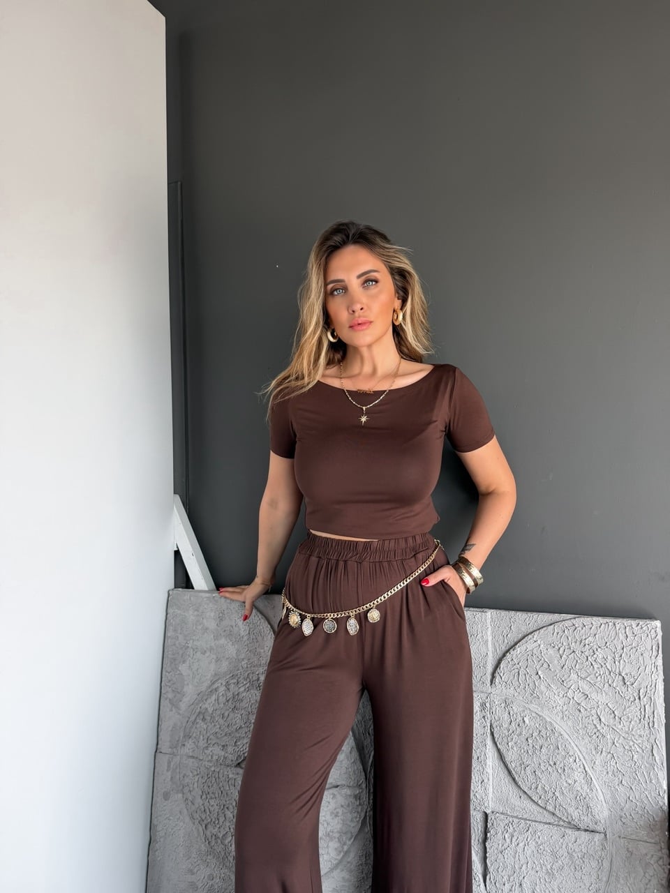 Kahve Kayık Yaka Likralı Basic Takım