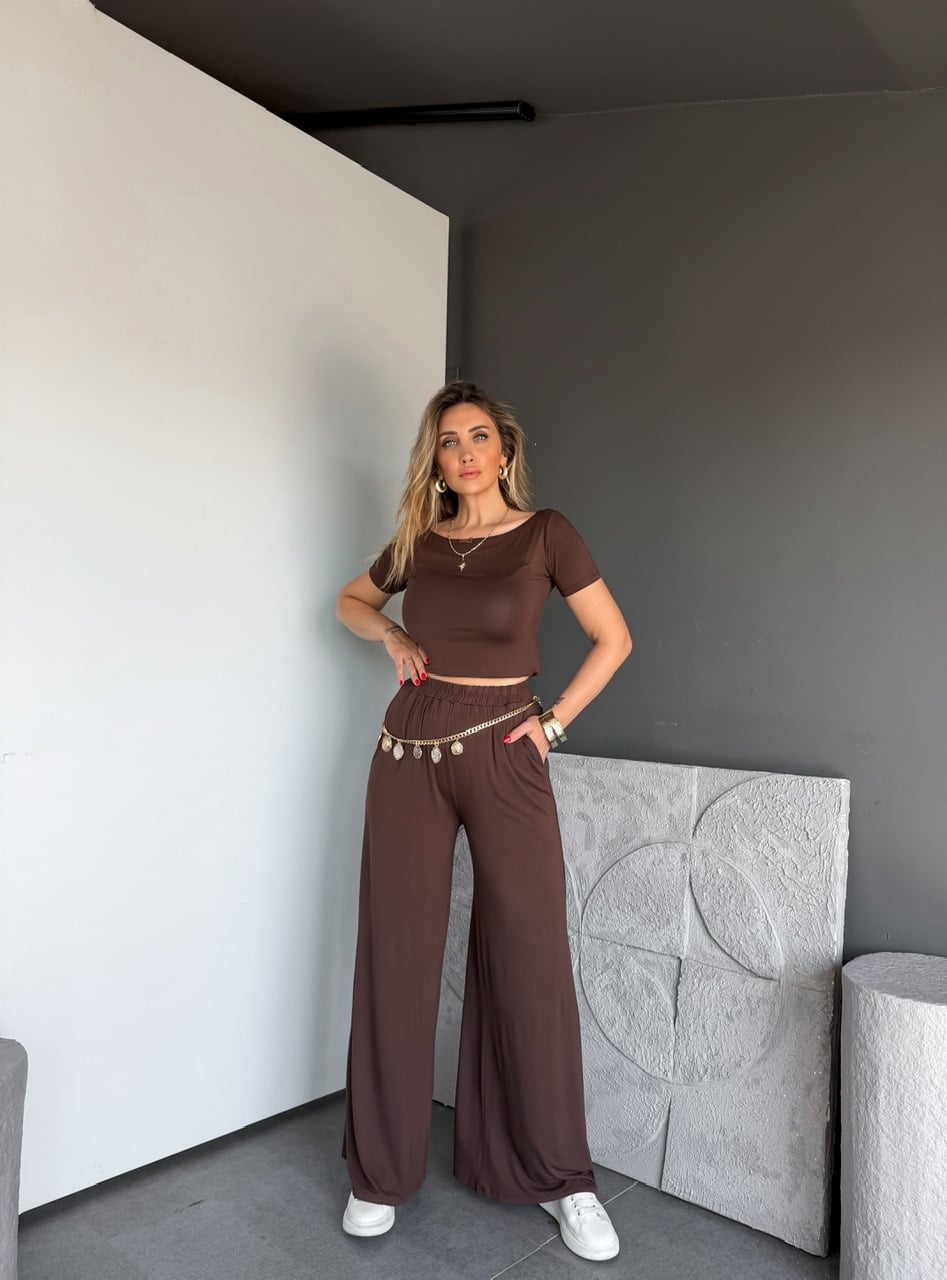 Kahve Kayık Yaka Likralı Basic Takım