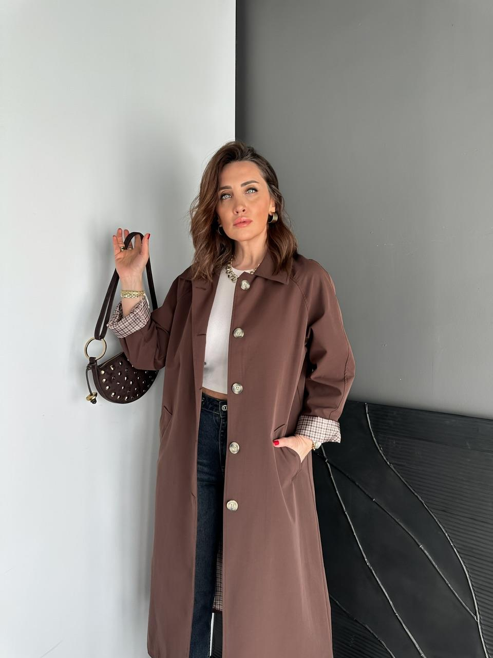 Kahve Kazayağı Desenli Astarlı Trençkot