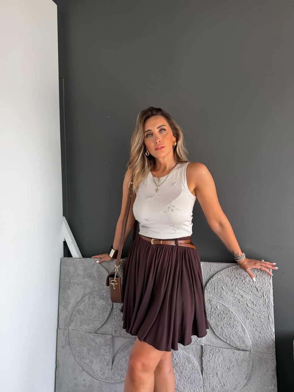 Kahve Kemerli Beli Lastikli Şort Etek