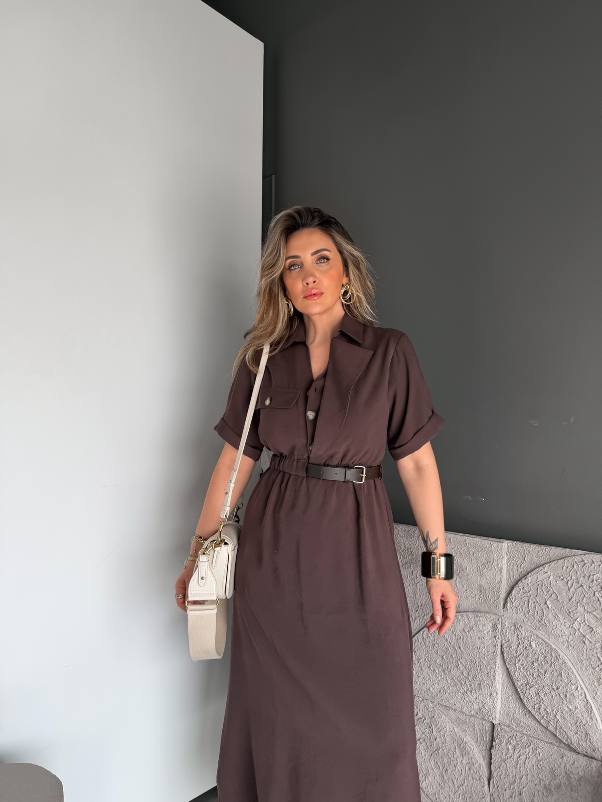 Kahve Kemerli Tek Cepli Tasarım Elbise