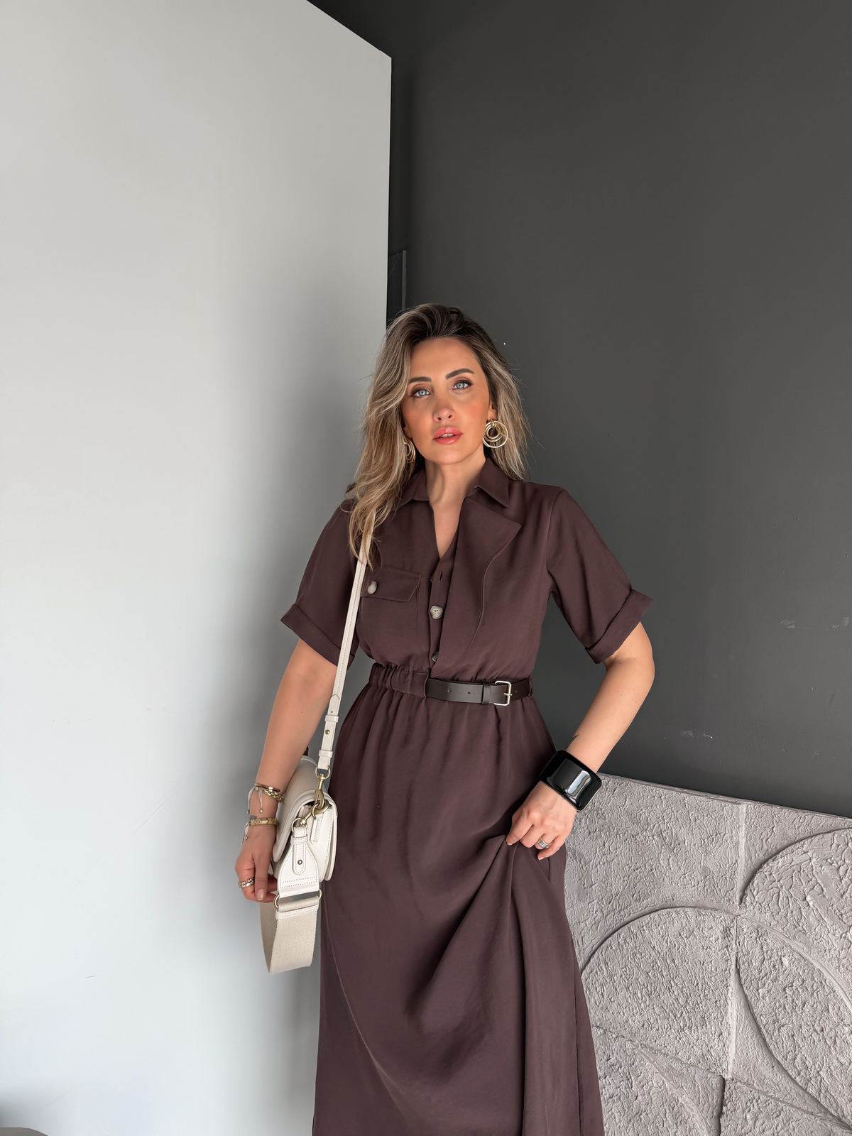 Kahve Kemerli Tek Cepli Tasarım Elbise