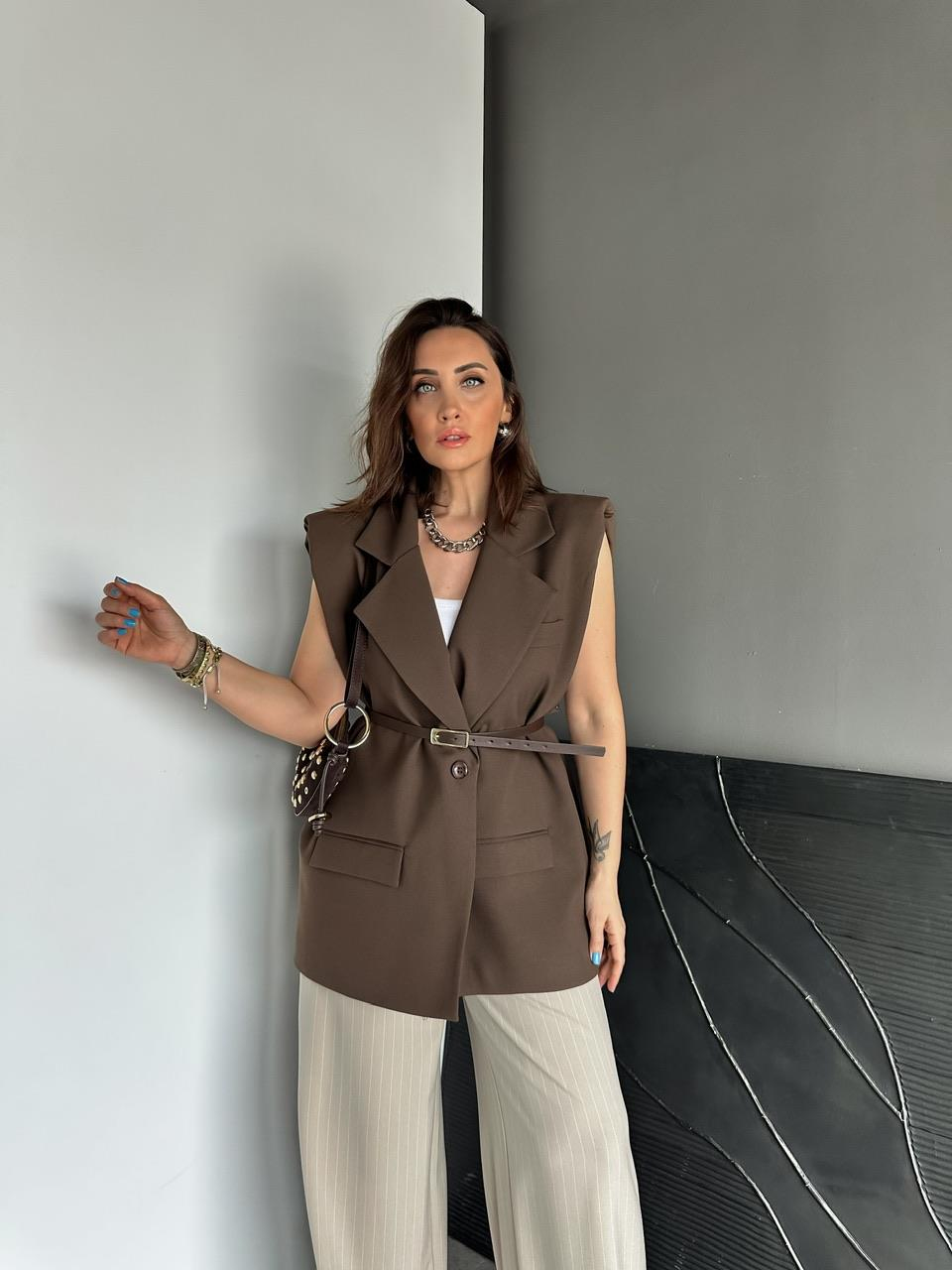 Kahve Kemerli Vatkalı Salaş Yelek