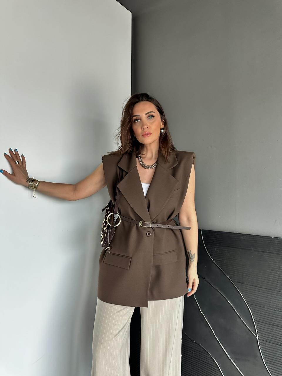 Kahve Kemerli Vatkalı Salaş Yelek