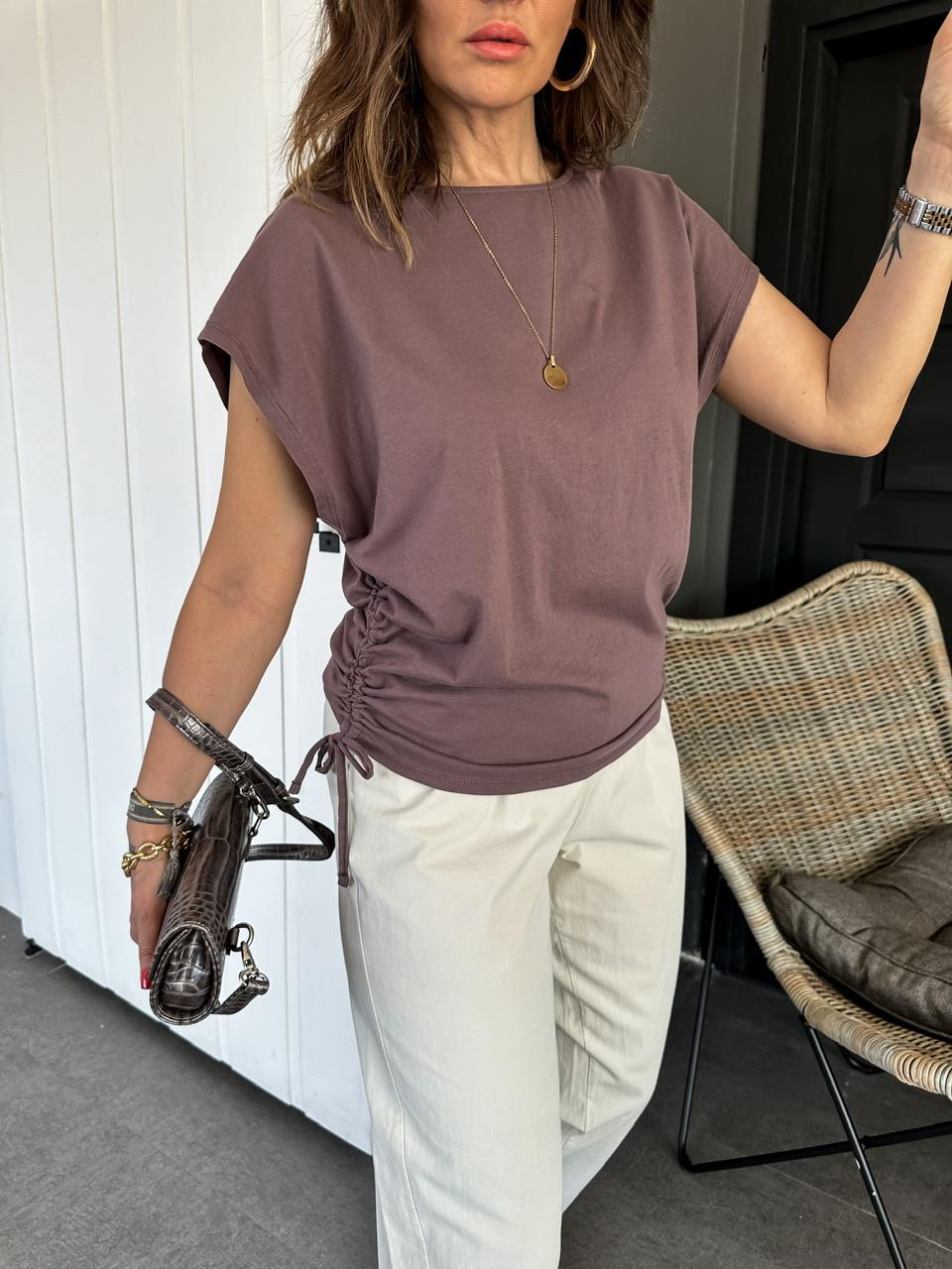Kahve Kenarları Büzgülü Cotton Tshirt