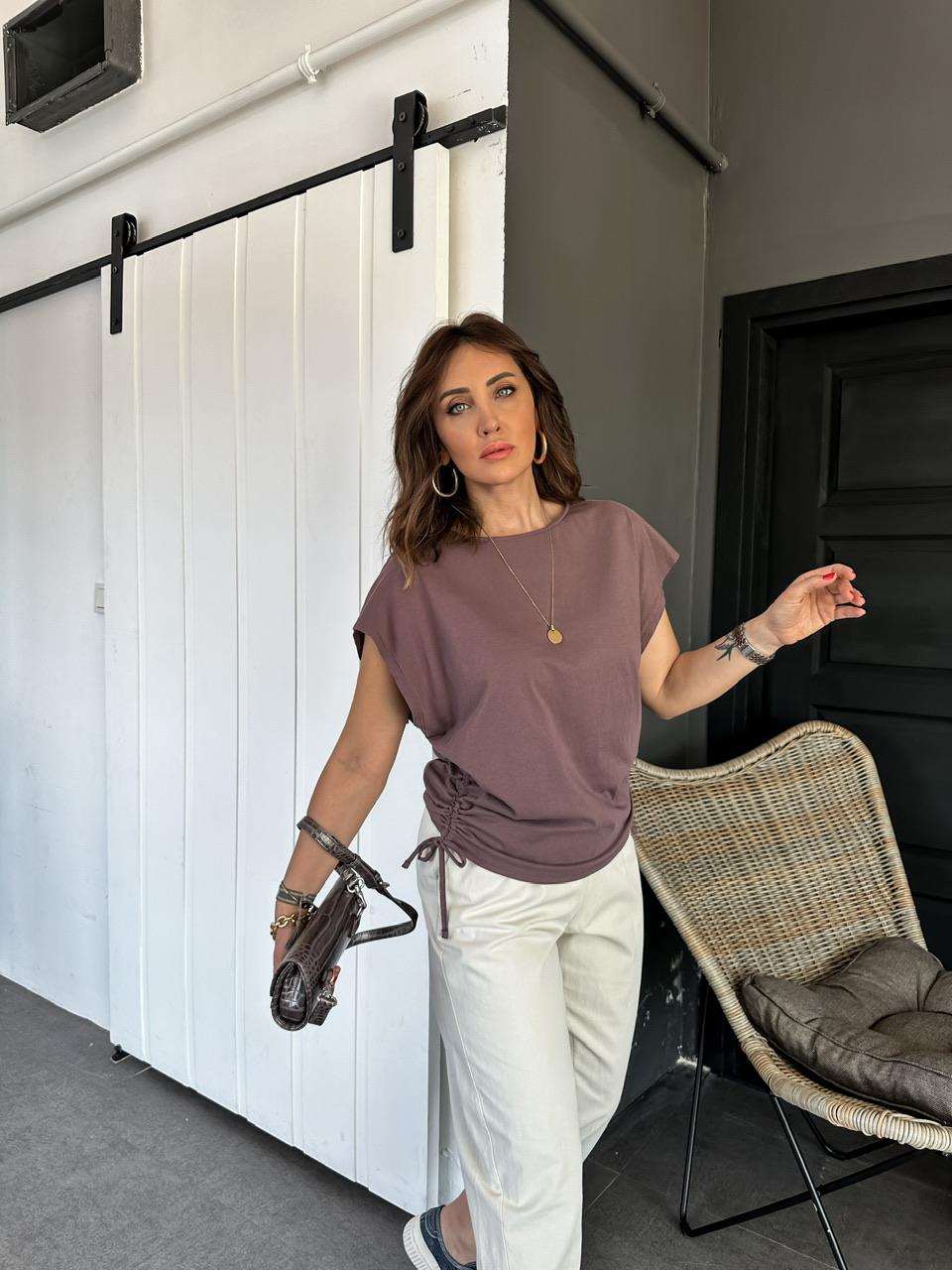 Kahve Kenarları Büzgülü Cotton Tshirt