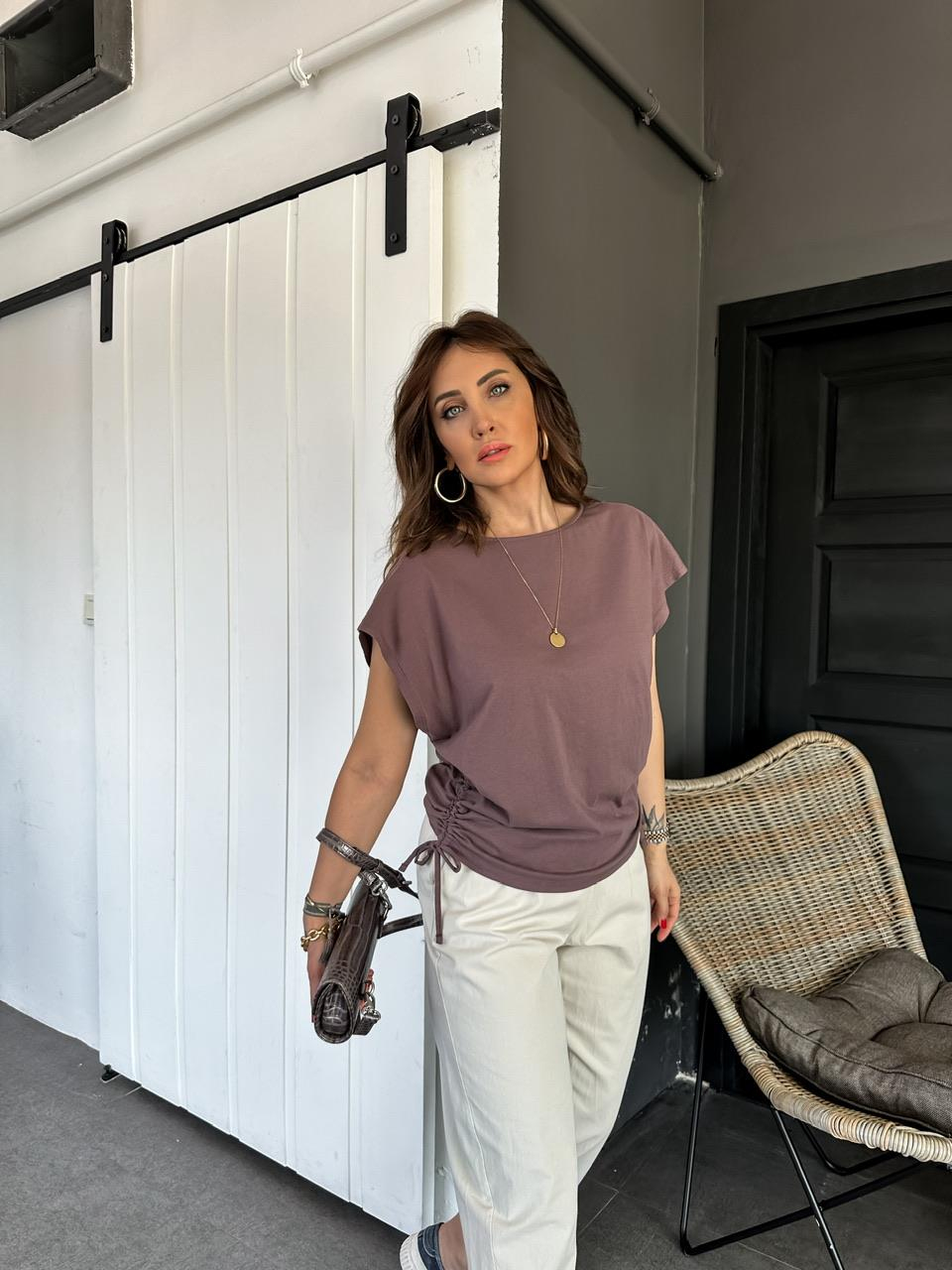 Kahve Kenarları Büzgülü Cotton Tshirt