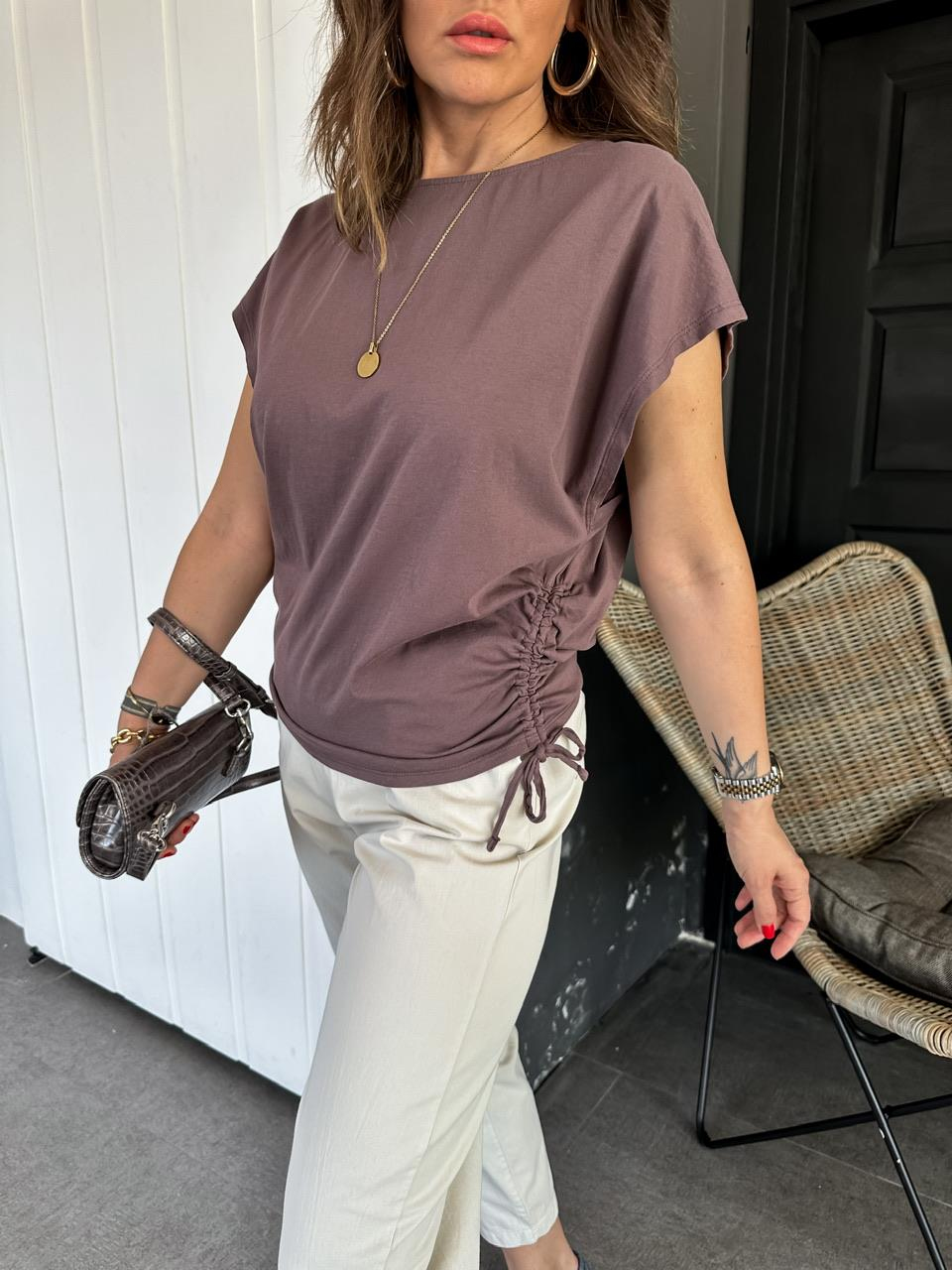 Kahve Kenarları Büzgülü Cotton Tshirt