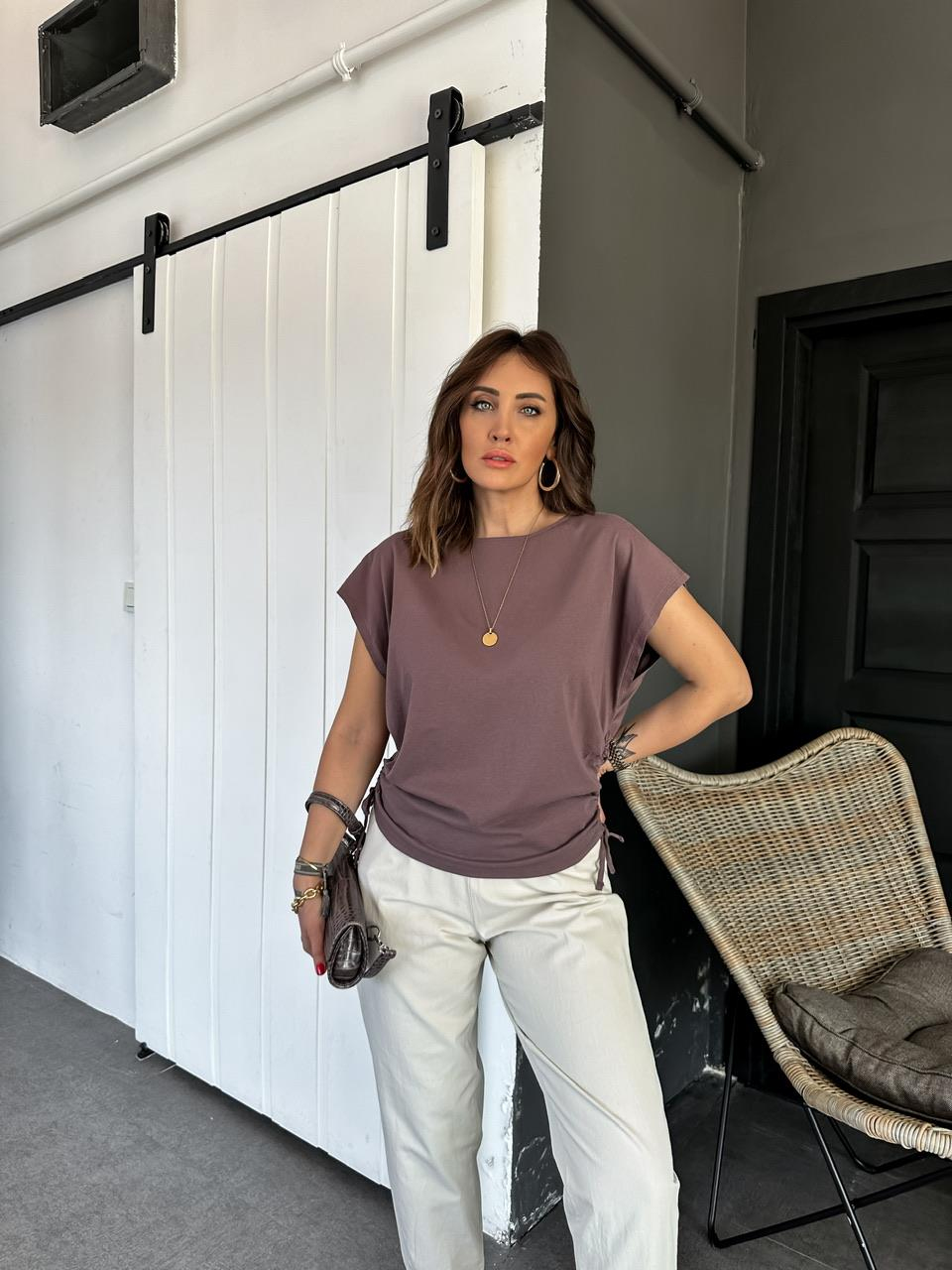 Kahve Kenarları Büzgülü Cotton Tshirt