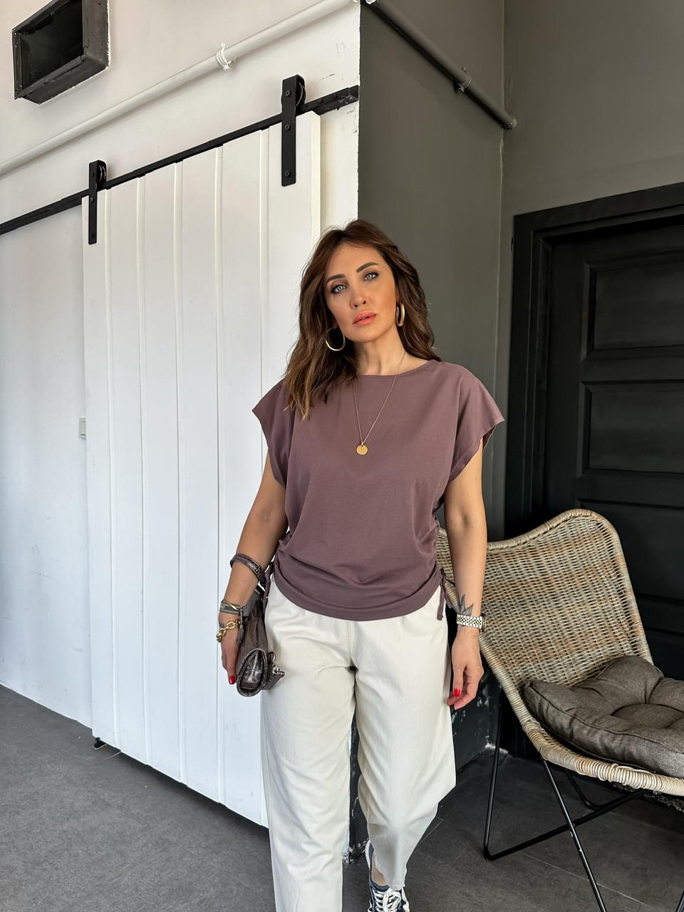 Kahve Kenarları Büzgülü Cotton Tshirt