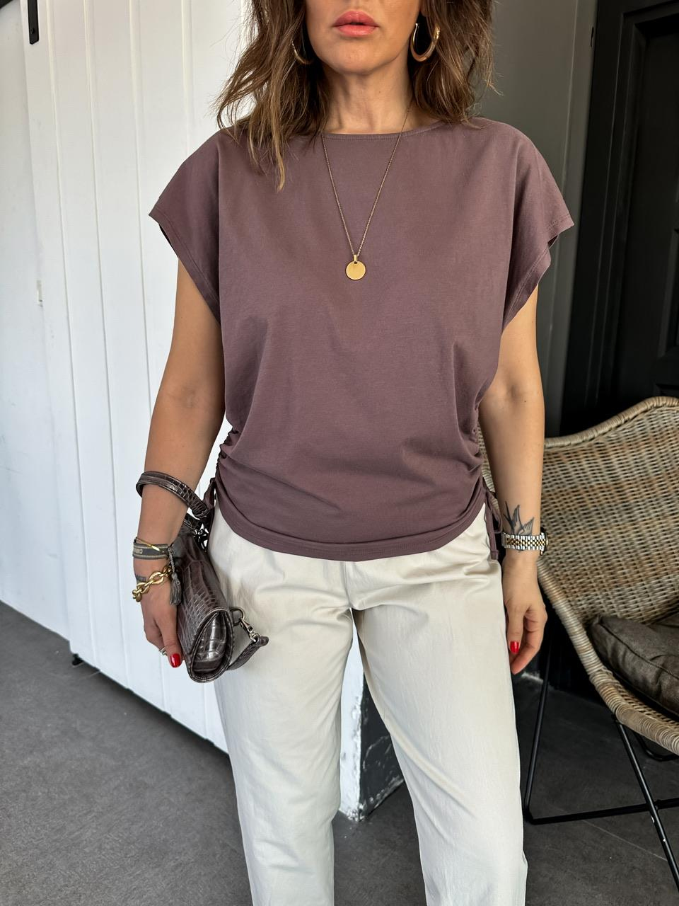 Kahve Kenarları Büzgülü Cotton Tshirt