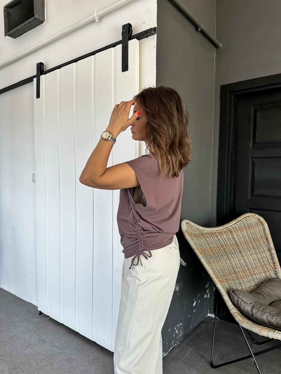 Kahve Kenarları Büzgülü Cotton Tshirt