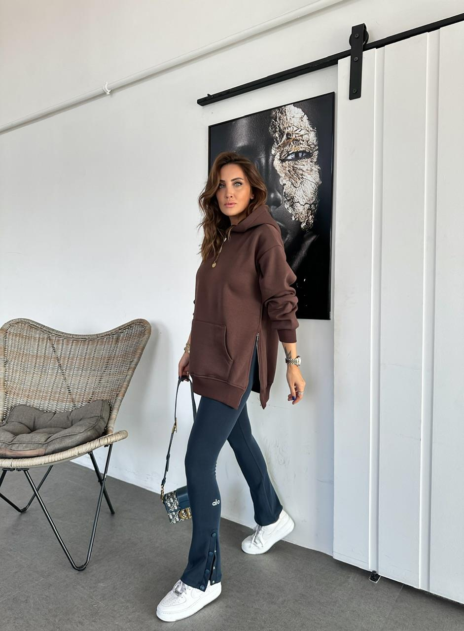 Kahve Kenarları Fermuarlı Sweatshirt
