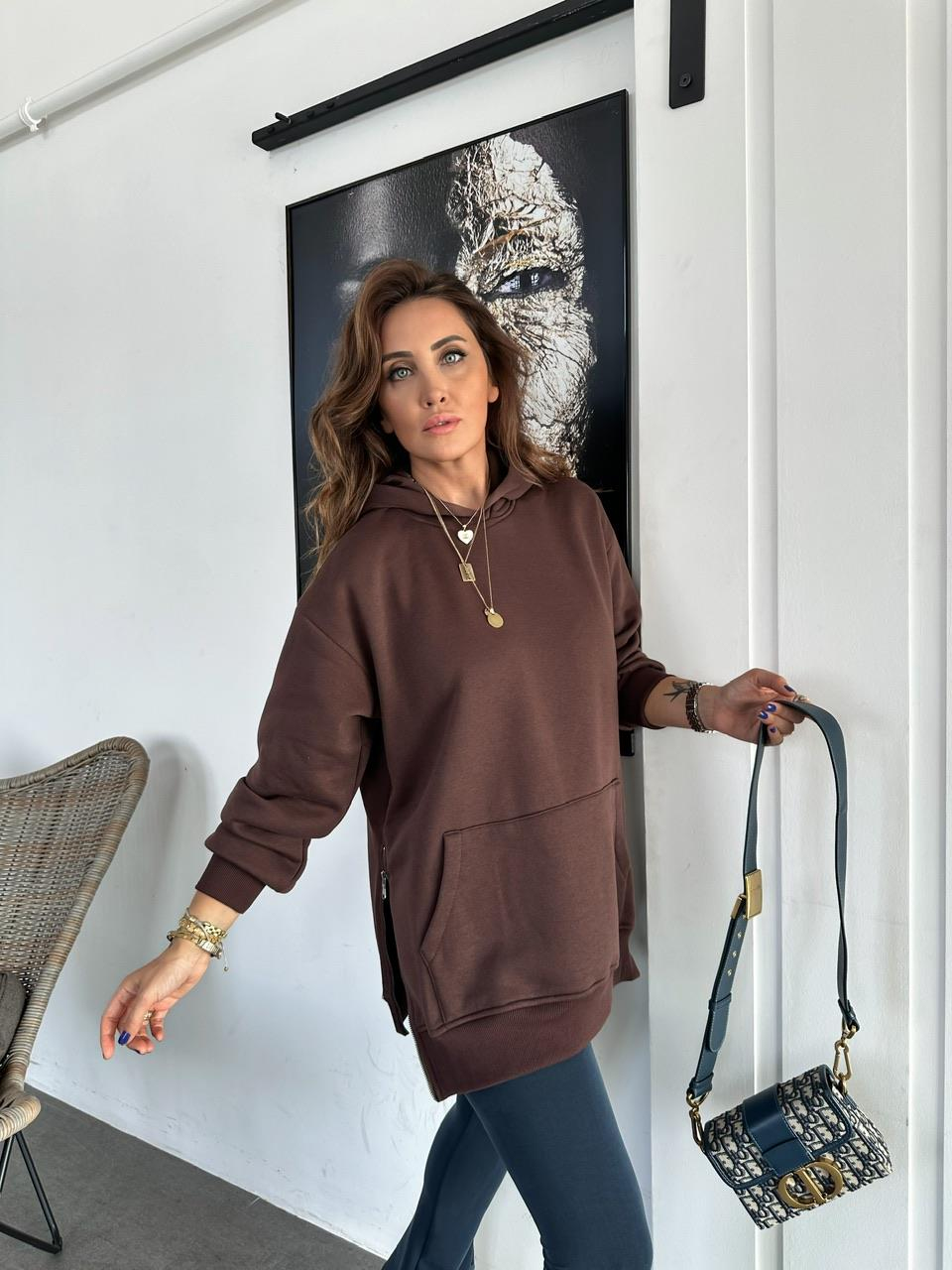 Kahve Kenarları Fermuarlı Sweatshirt