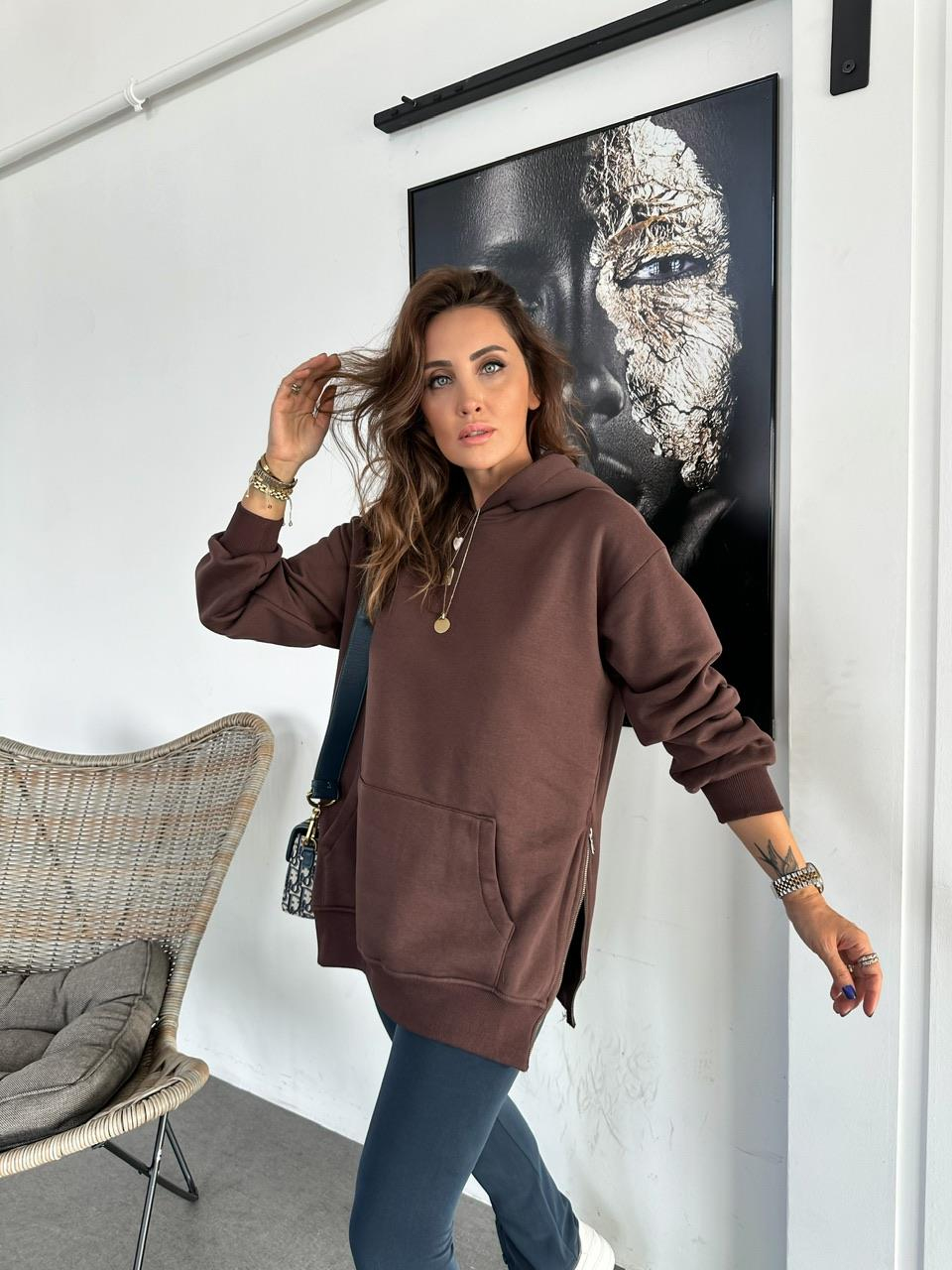 Kahve Kenarları Fermuarlı Sweatshirt