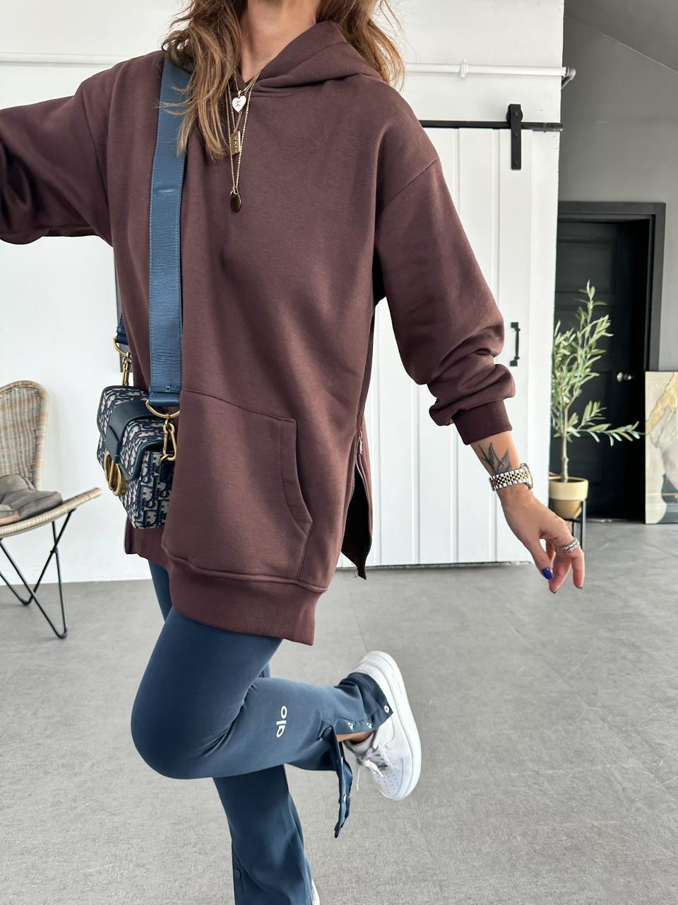 Kahve Kenarları Fermuarlı Sweatshirt