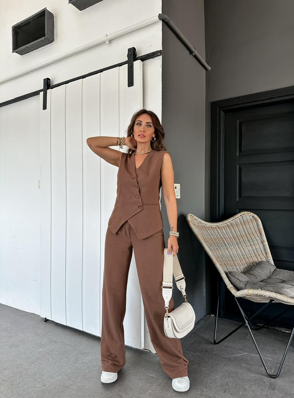 Kahve Keten Asimetrik Yelekli Takım