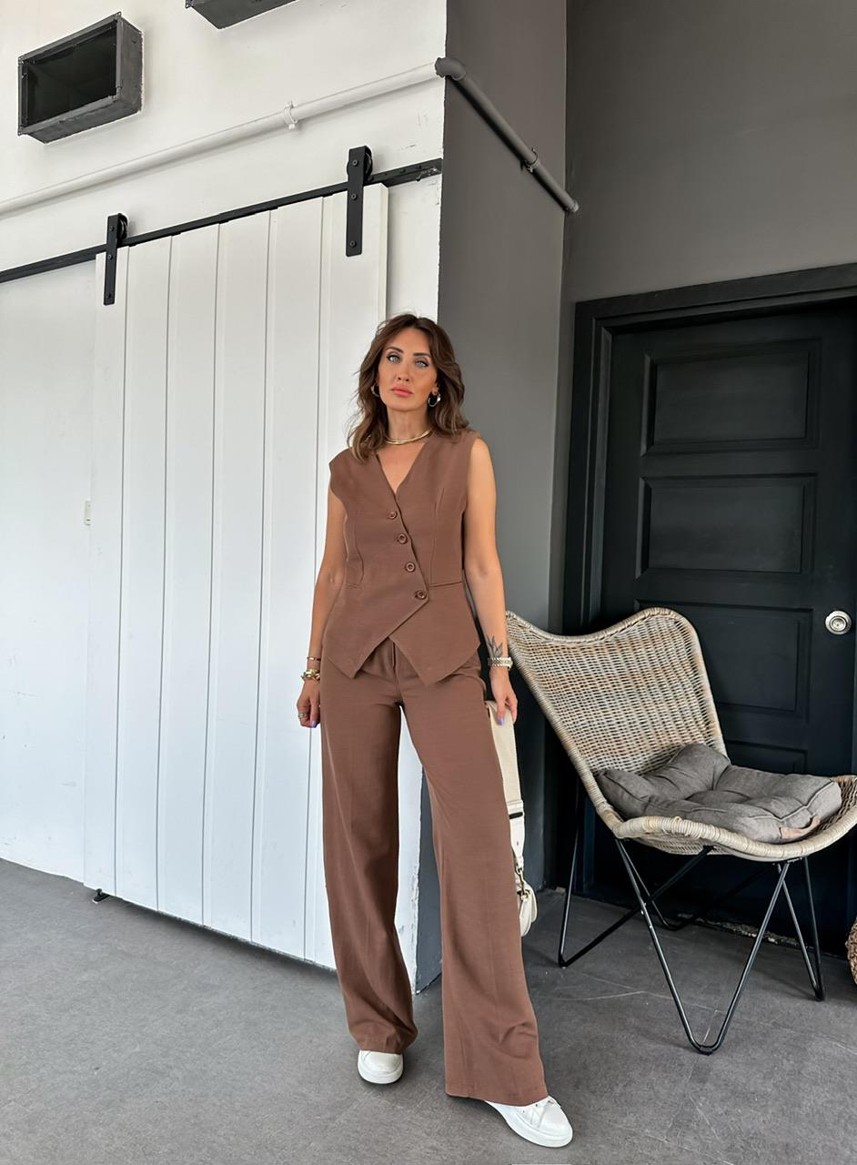 Kahve Keten Asimetrik Yelekli Takım