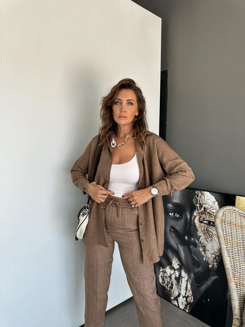 Kahve Keten Gömlekli Basic Takım