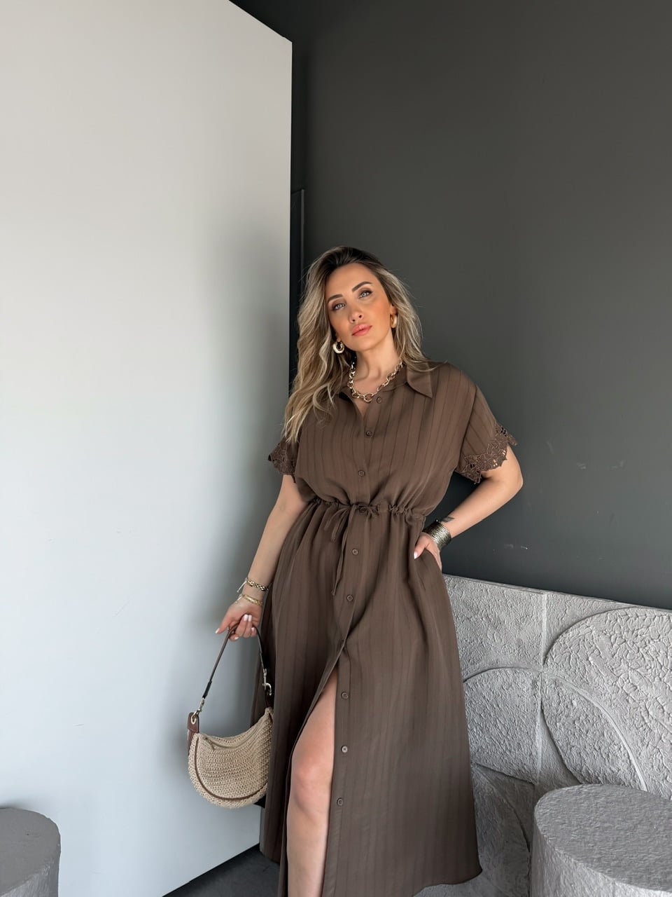Kahve Kolları Fistolu Beli İpli Elbise