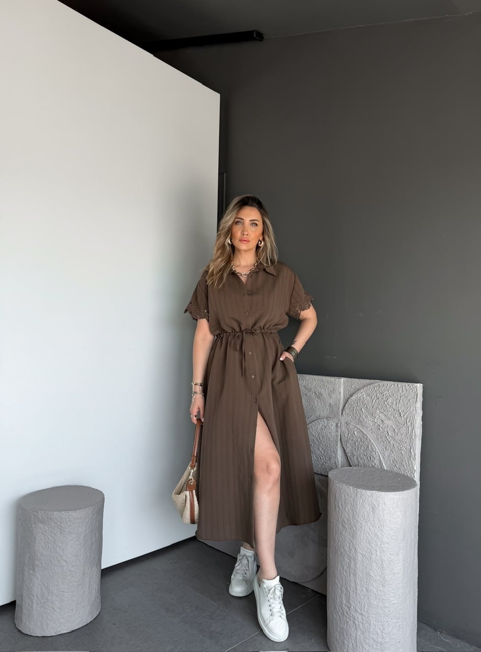 Kahve Kolları Fistolu Beli İpli Elbise