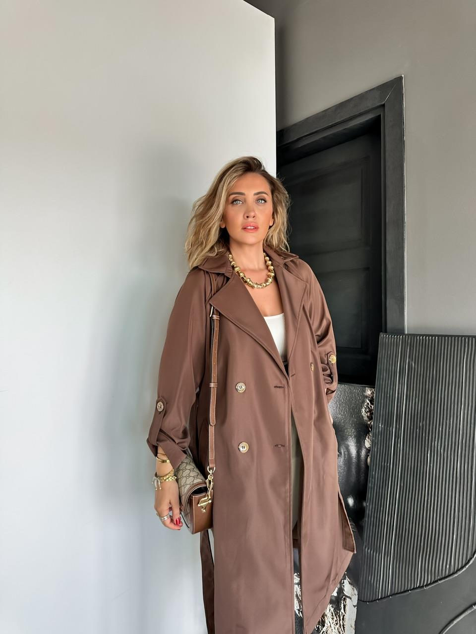 Kahve Kollu Düğmeli Kuşaklı Trençkot