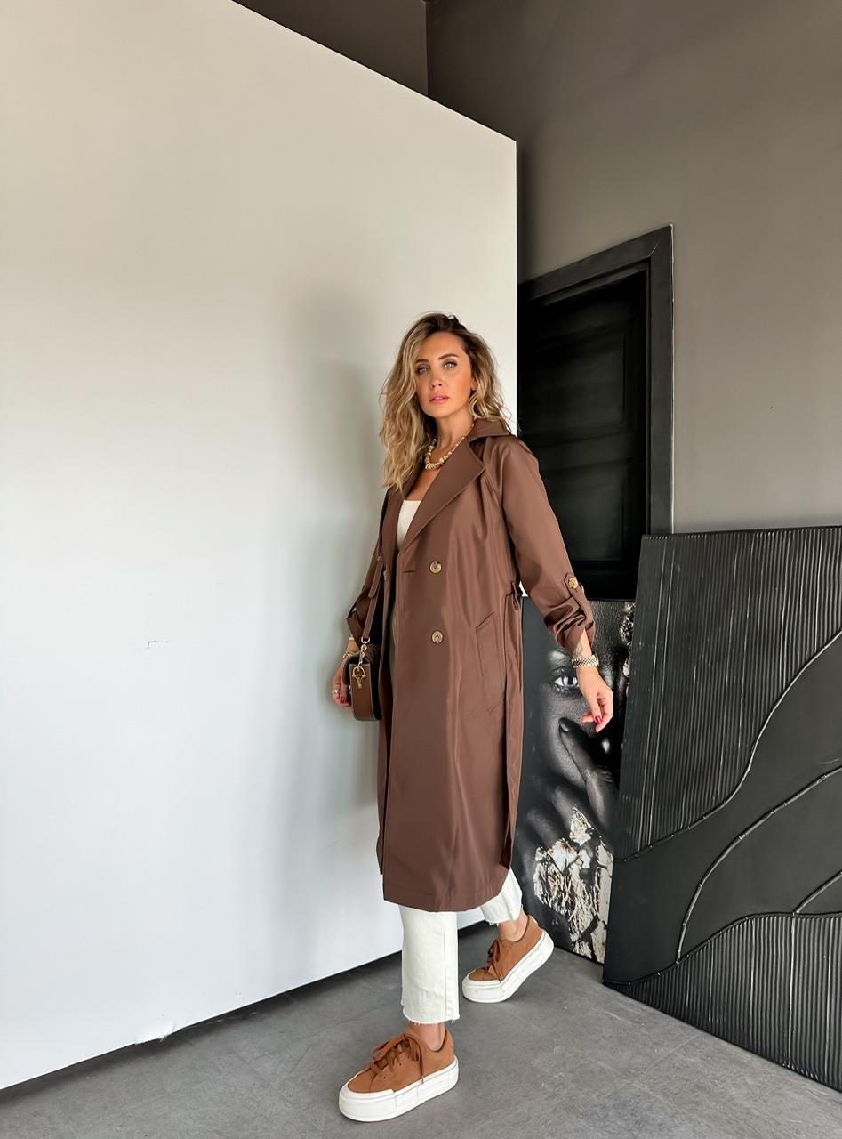 Kahve Kollu Düğmeli Kuşaklı Trençkot