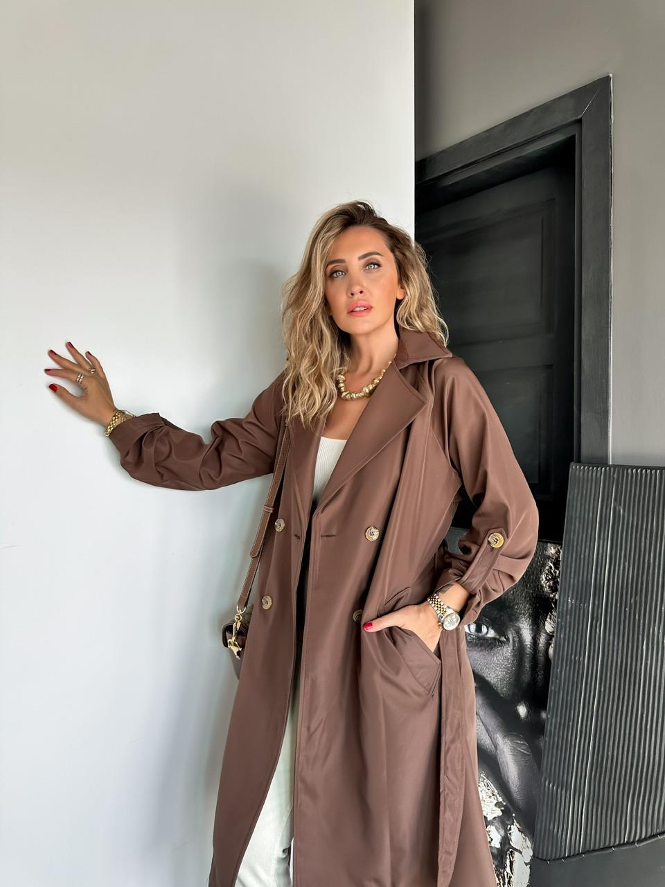 Kahve Kollu Düğmeli Kuşaklı Trençkot