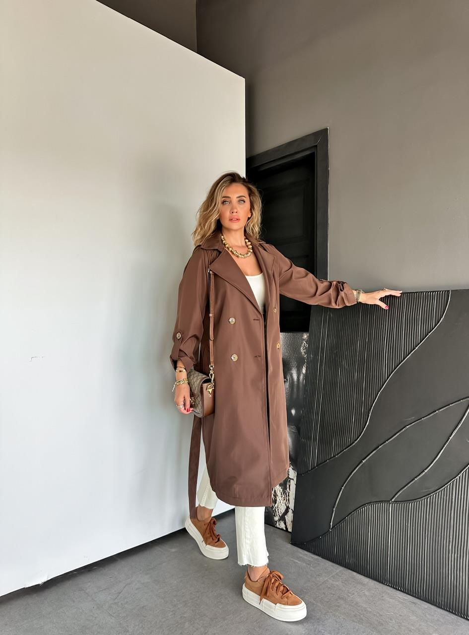 Kahve Kollu Düğmeli Kuşaklı Trençkot