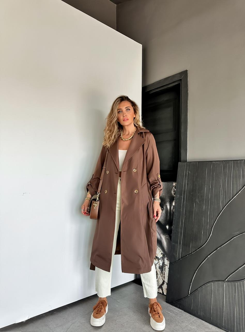 Kahve Kollu Düğmeli Kuşaklı Trençkot