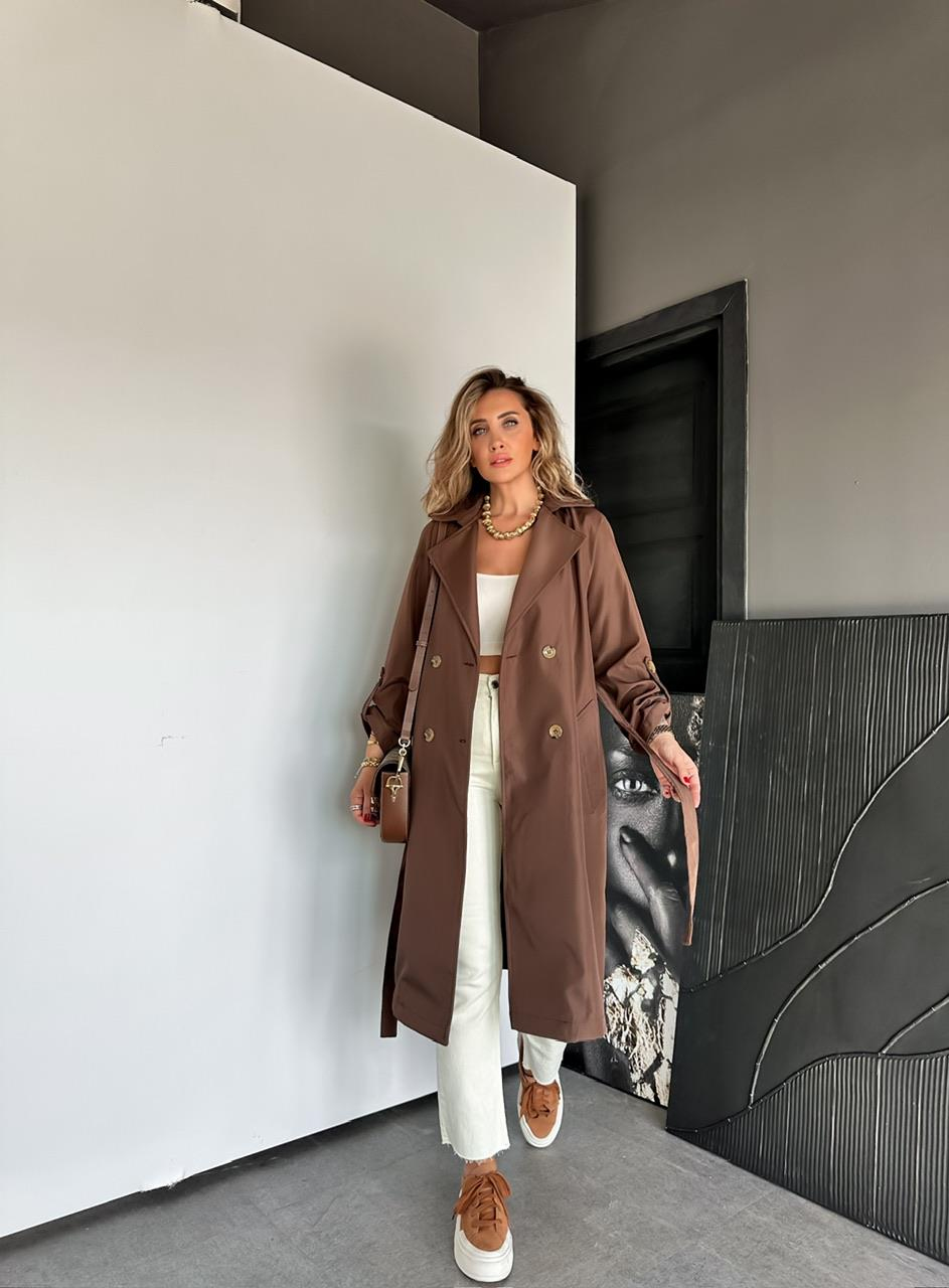 Kahve Kollu Düğmeli Kuşaklı Trençkot