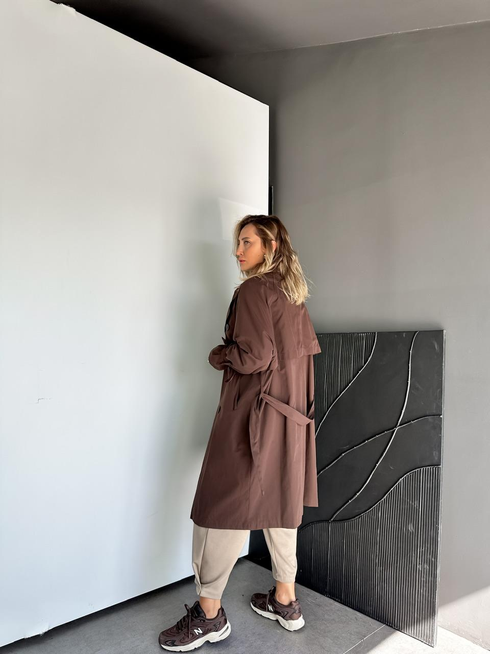 Kahve Kolu Bağlamalı Oversize Trençkot