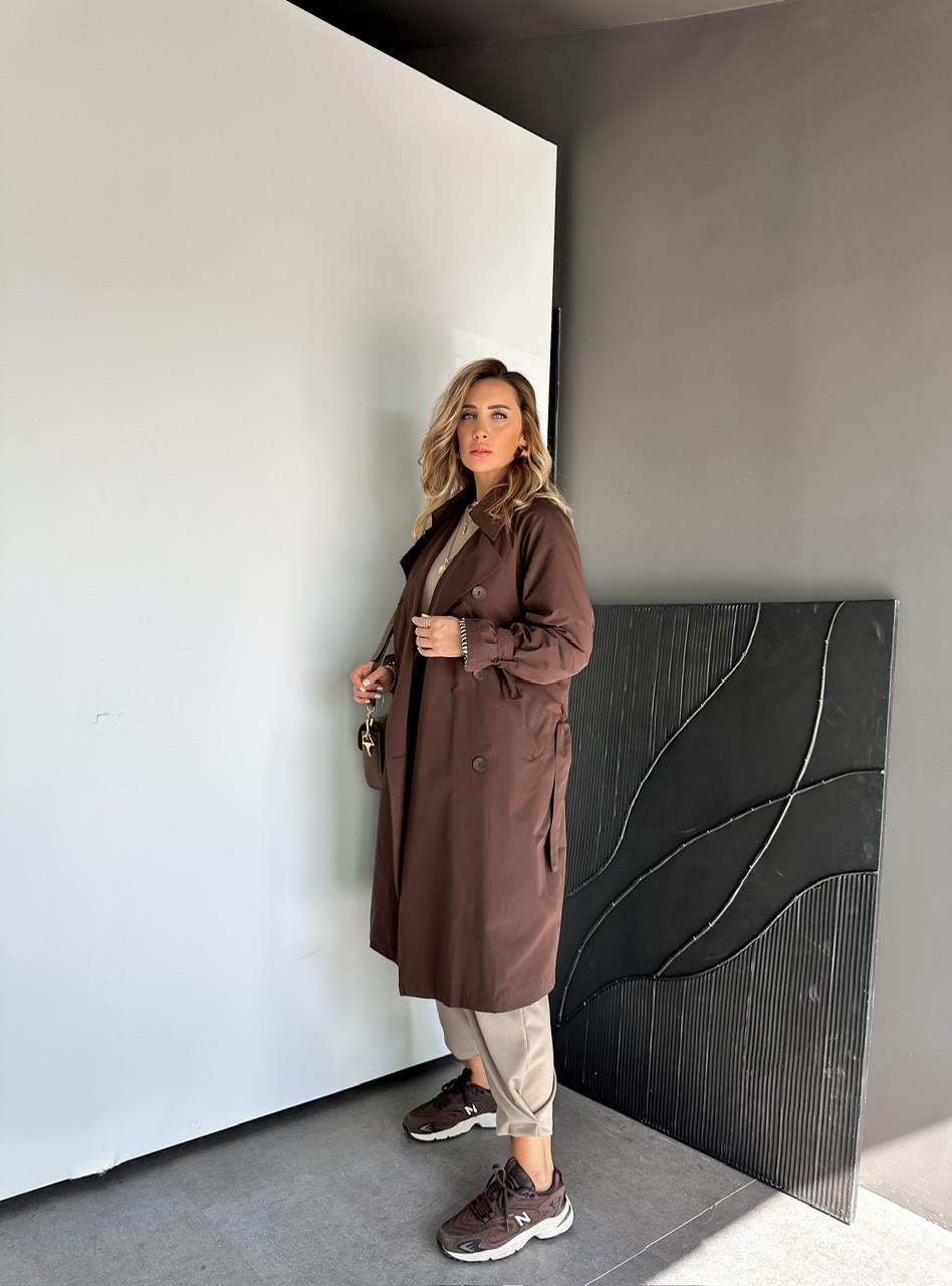 Kahve Kolu Bağlamalı Oversize Trençkot