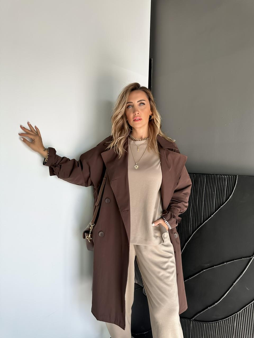 Kahve Kolu Bağlamalı Oversize Trençkot
